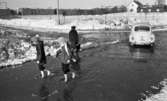 Snömodd och översvämning bland annat i Varberga 1 februari 1966

Två barn och äldre kvinna vadar genom vattensamling på översvämmad väg, där står också en bil