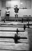 Tyngdlyftarreportage 31 januari 1966 

En pojke i fjortonårsåldern lyfter en skivstång i höjd med axlarna inne i en träningslokal. Han sysslar med tyngdlyftning. Han är klädd i tröja och shorts. Bredvid honom i bakgrunden står en annan äldre pojke klädd i T-shirt och shorts. Fem andra skivstänger ligger utplacerade på golvet.