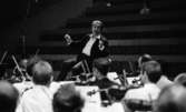Cellibedache 13 juni 1966

En dirigent klädd i vit skjorta, svart kavaj och svarta byxor viftar med taktpinnen framför en orkester. Framför honom sitter ett antal personer i orkestern som spelar fiol. I bakgrunden syns publikens sittplatser.