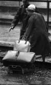 På stationen 1 16 augusti 1966

En äldre kvinna klädd i hatt och kappa drar sin resväska samt en annan väska på en liten vagn med hjul över järnvägsspåren på Örebro järnvägsstation. En man står nära kvinnan i bakgrunden.