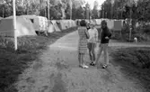 Missionsläger 10 augusti 1967

Tre ungdomar står och samtalar på en väg på ett missionsläger. I bakgrunden syns en husvagn samt en massa tält. Den unga flickan till vänster bär en kort klänning samt träskor, flickan i mitten är klädd i tröja, byxor och sandaler medan flickan till höger är klädd i tröja, byxor, sandaler och strumpor. Ytterligare personer syns i bakgrunden.