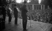 Natt 702 forts. 12 juni 1967

En musikgrupp bestående av två kvinnor och två män står på Brunnsparkens scen och sjunger och spelar inför en stor publik. De har fyra mikrofoner placerade framför sig. De har ryggarna mot kameran. De båda herrarna och en av damerna spelar på gitarrer. Alla bär långbyxor.