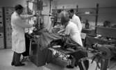 Lasarettet 14 juni 1967

En läkare klädd i vit läkarrock, vit skjorta, mörk slips, svarta byxor och svarta skor står invid en stor medicinsk undersökningsapparat som är riktad mot en kvinnas mage. Läkaren riktar apparatens instrument mot kvinnan. Hon ligger på en operationssäng under apparaten. Till höger syns en till arbetsklädd läkare. Två kvinnor -sjuksystrar- står också runt kvinnan och är klädda i vita kläder. En av dem bär en operationsmössa på huvudet.