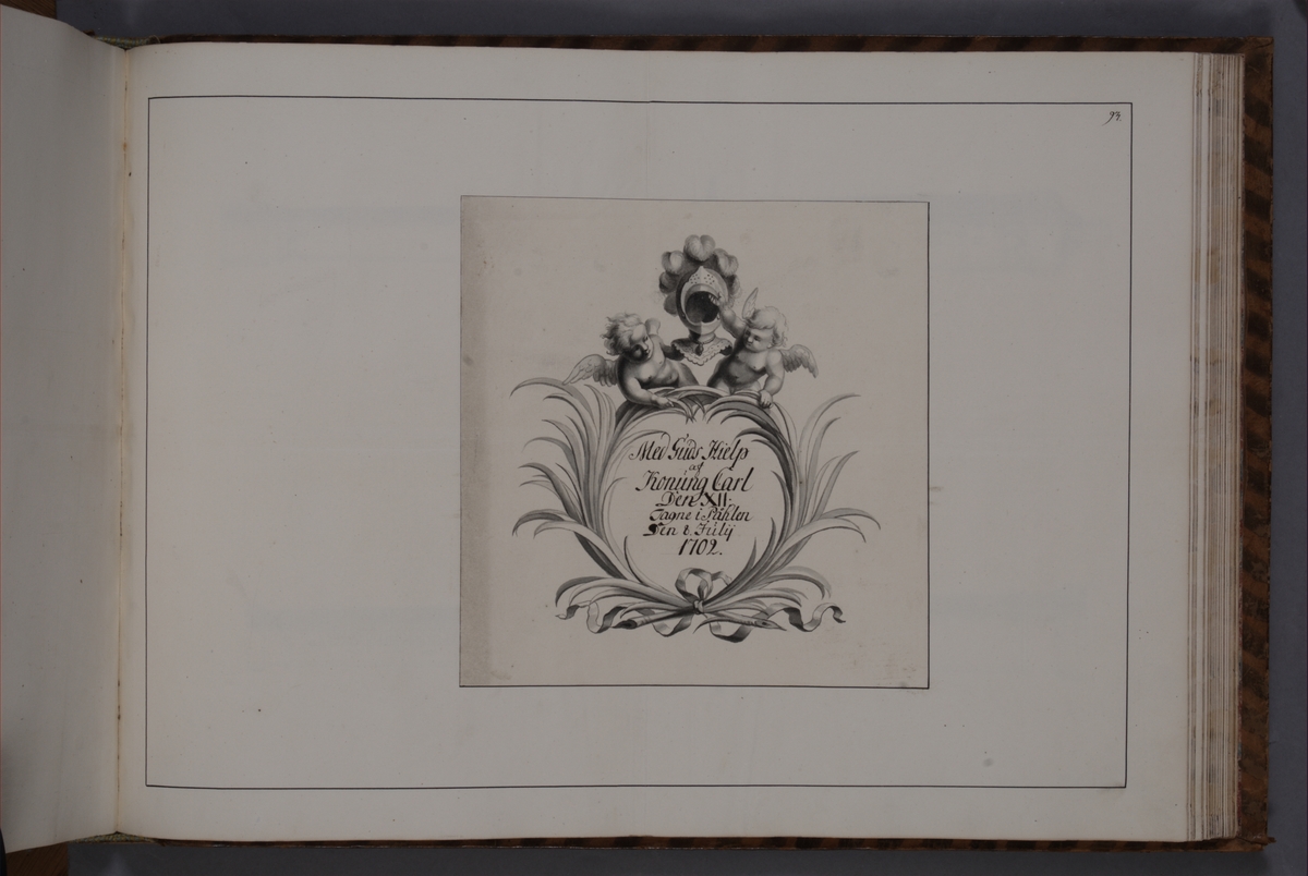 Kjell Hedberg, Kartusch for bookworks with depictions depicting fire pipes taken as trophies by the Swedish army in 1700-1702, performed by the siblings Anna Maria and Philip Jakob Thelott. Refers to trophies taken in Poland on 8 July 1702. Kartuschen probably executed by Thomas Cunninghame in 1746.