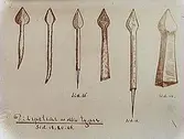 Örebro slott, föremål från håltornsutgrävningen 1925.
Pilspetsar av olika typer.
Teckning.
