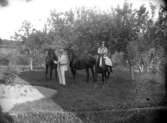 Bostadshus, en man, en kvinna och tre hästar.