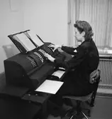 Konsum, kontorsinteriör, en kvinna.
Räknemaskin.