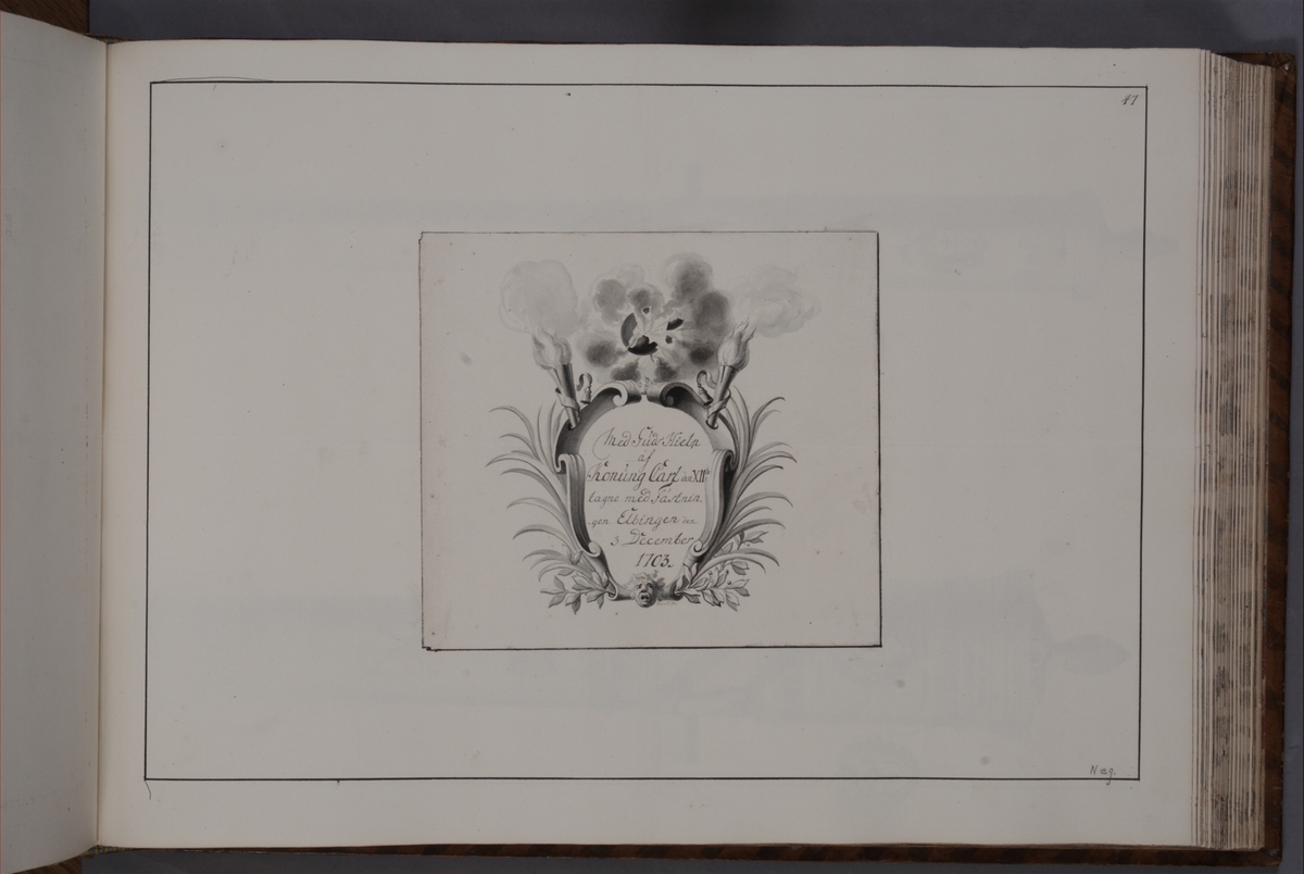 Kjell Hedberg, Kartusch till bokverk med avbildningar föreställande eldrör tagna som troféer av den svenska armén åren 1703-1706, utförda av syskonen Anna Maria och Philip Jakob Thelott. Avser troféer tagna med fästningen Elbingen den 3 december 1703. Kartuschen troligen utförd av Thomas Cunninghame 1746.