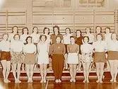 Husmodersgymnastik, gruppbild.
Vasaskolans gymnastiksal.