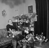 Rumsinteriör, en kvinna.Fru Wiklund på 75-årsdagen.