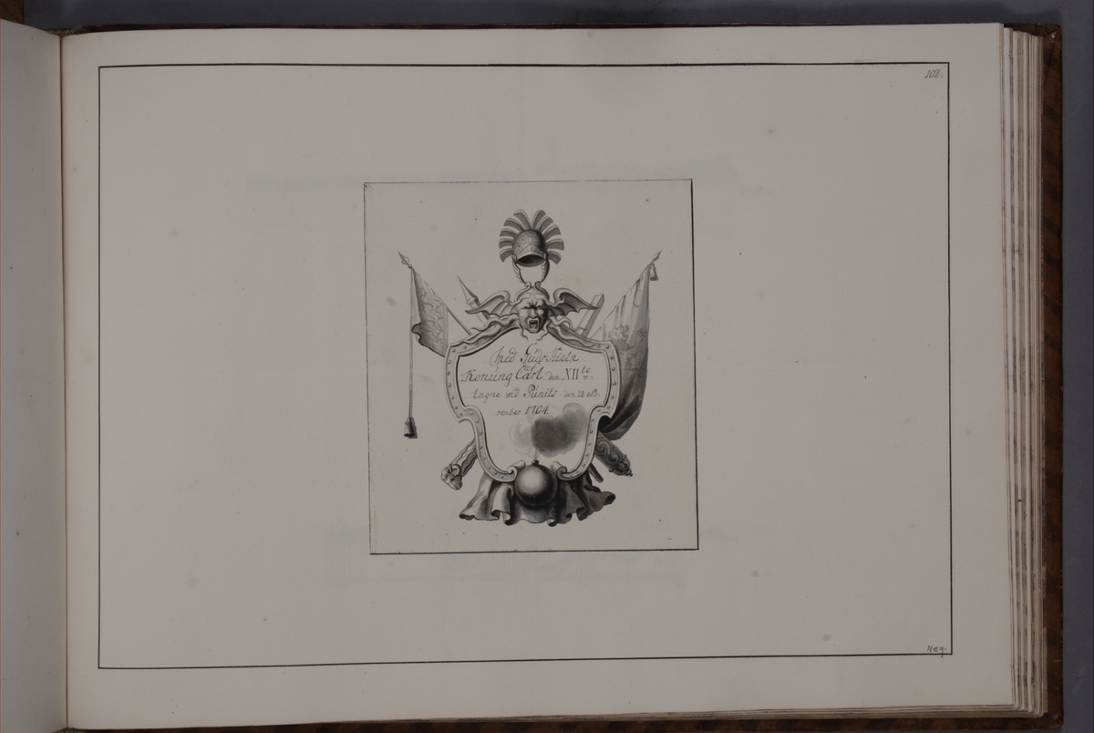 Kjell Hedberg, Kartusch till bokverk med avbildningar föreställande eldrör tagna som troféer av den svenska armén åren 1703-1706, utförda av syskonen Anna Maria och Philip Jakob Thelott. Avser troféer tagna vid Punit den 28 november 1704. Kartuschen troligen utförd av Thomas Cunninghame 1746.