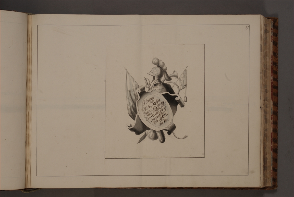 Kjell Hedberg, Kartusch till bokverk med avbildningar föreställande äldre svenska eldrör förvarade på fästningar samt eldrör erövrade åren 1598-1679, utförda av syskonen Anna Maria och Philip Jakob Thelott. Avser ritningar över polska troféer tagna under kung Gustaf Adolfs, Karl IX:s och Karl Gustafs regementstid…