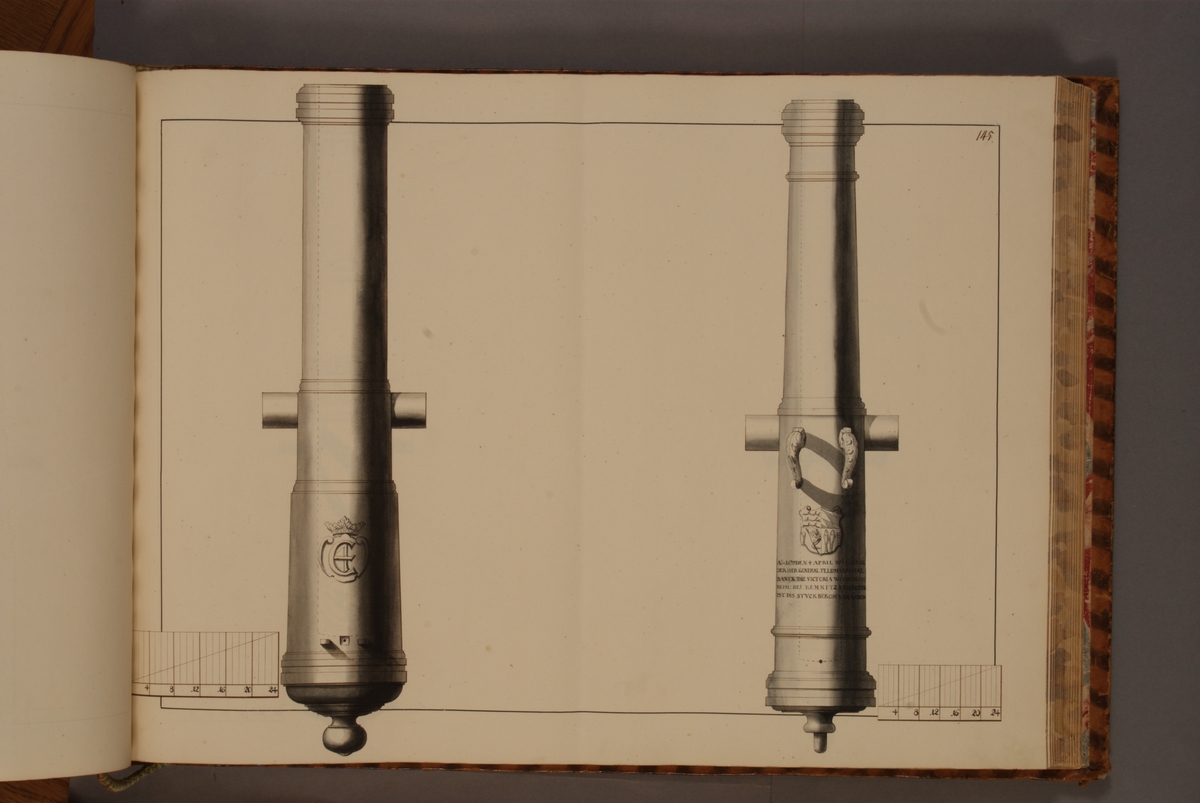 Kjell Hedberg, Avbildning föreställande dansk trofé med Kristian IV:s vapen (vänster) och kejserligt stycke tagit av fältmarskalken Kanur(?) vid Kemnitz den 4 april 1639. Ingår i volym med avbildade äldre svenska eldrör förvarade på fästningar samt eldrör erövrade åren 1598-1679.