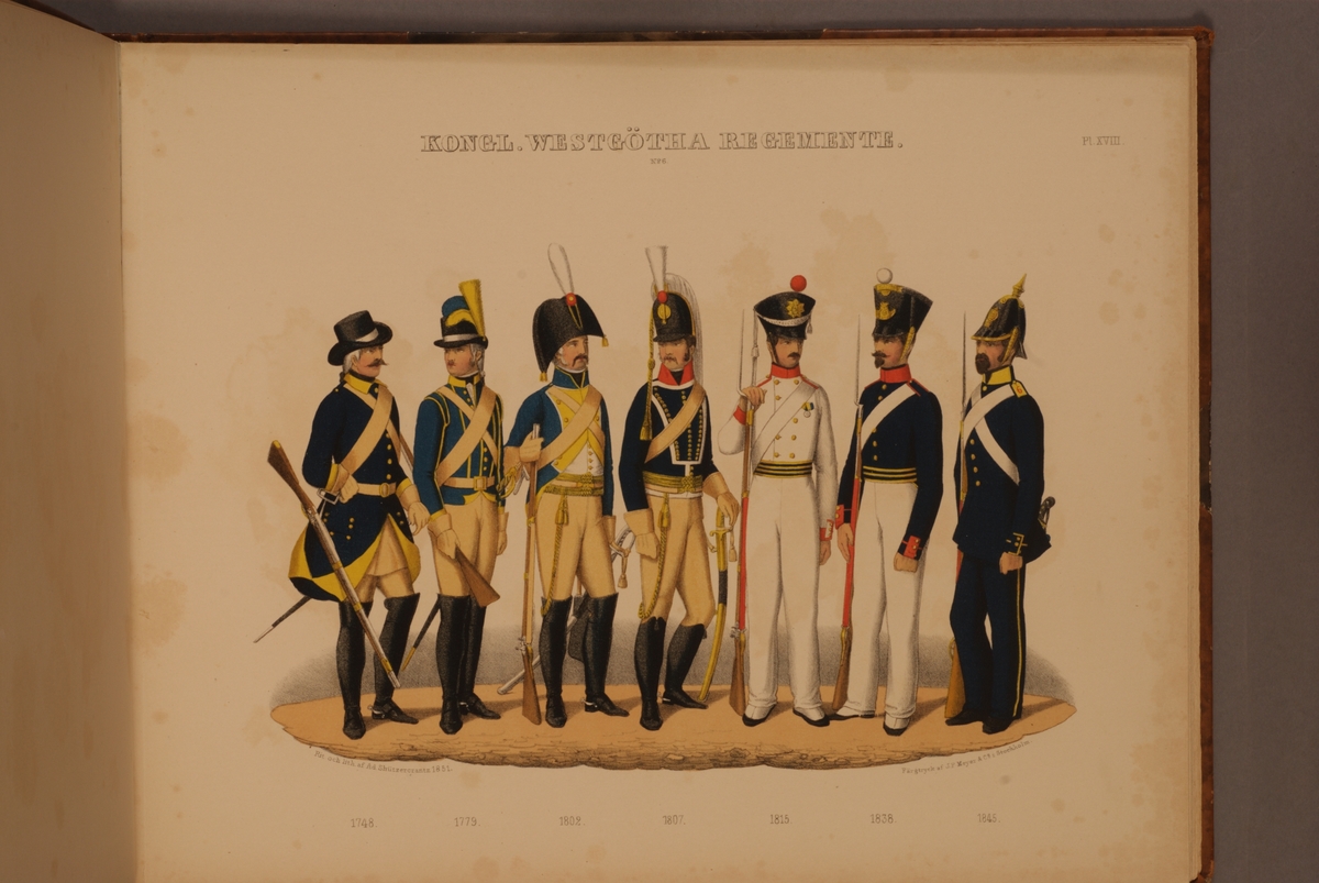 Kjell Hedberg, Plansch med uniform för Västgöta regemente för åren 1748-1845. Plansch i färgtryck efter original av Adolf Ulrik Schützercrantz. Ingår i planschsamlingen Svenska krigsmaktens fordna och närvarande munderingar.