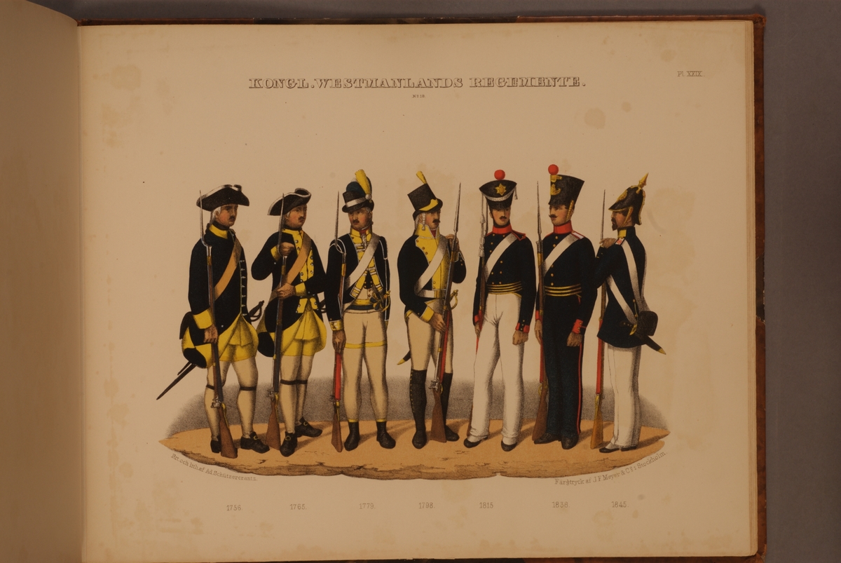 Kjell Hedberg, Plansch med uniform för Västmanlands regemente för åren 1756-1845. Plansch i färgtryck efter original av Adolf Ulrik Schützercrantz. Ingår i planschsamlingen Svenska krigsmaktens fordna och närvarande munderingar.