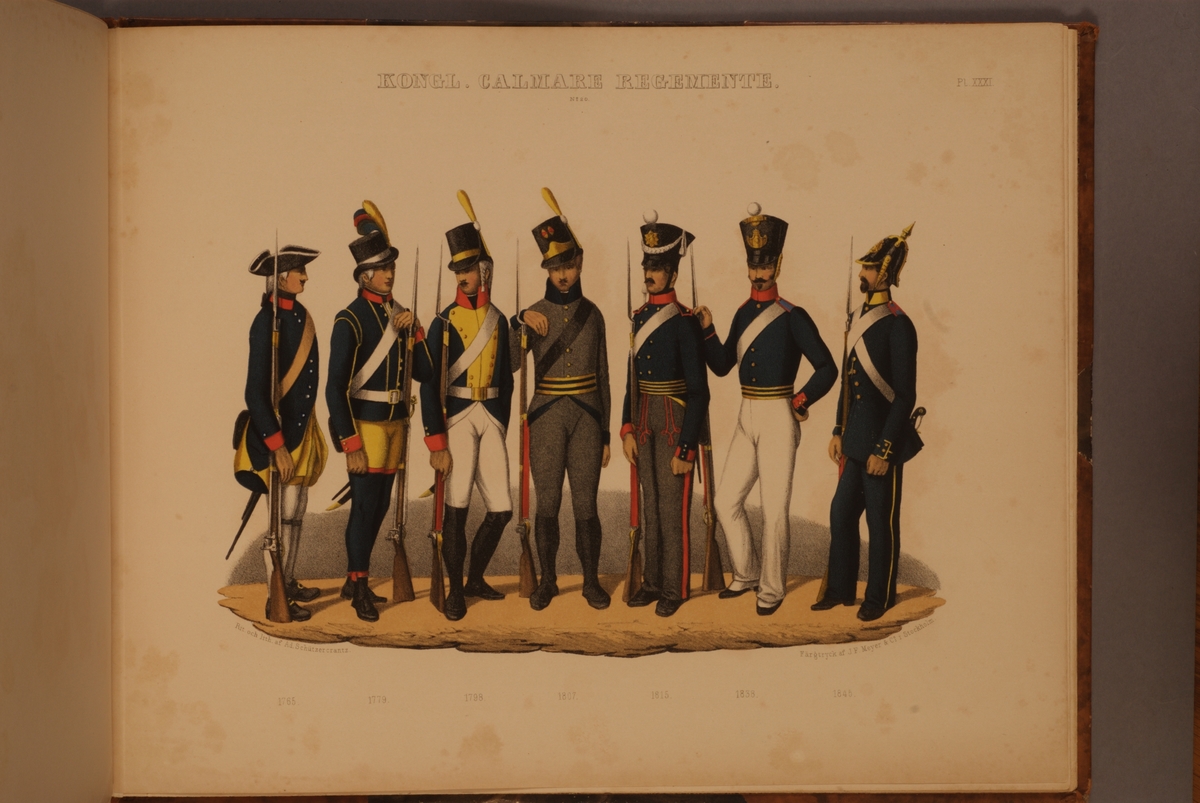 Kjell Hedberg, Plansch med uniform för Kalmar regemente för åren 1765-1845. Plansch i färgtryck efter original av Adolf Ulrik Schützercrantz. Ingår i planschsamlingen Svenska krigsmaktens fordna och närvarande munderingar.