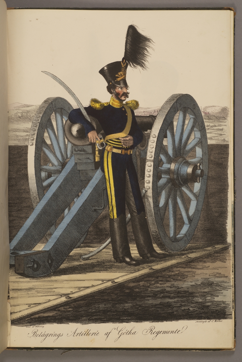 Kjell Hedberg, Plansch with uniform for Göta artillery regiment. Hand colorated lithography after the original by Alexander Clemens Wetterling. Included in the collection of the Swedish Royal Army Uniforms issued by Müller in 1825.