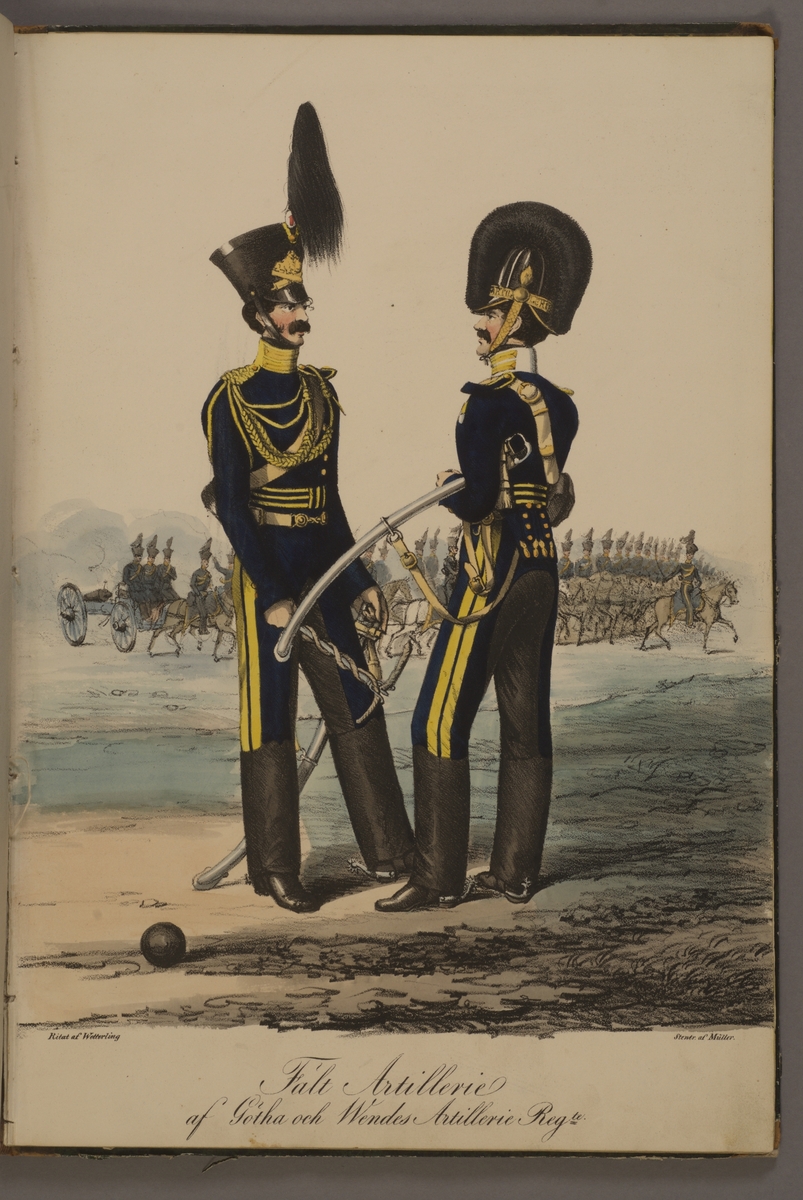 Kjell Hedberg, Plansch with a uniform for Göta artillery regiment and Wendes artillery regiment. Hand colorated lithography after the original by Alexander Clemens Wetterling. Included in the collection of the Swedish Royal Army Uniforms issued by Müller in 1825.