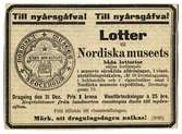 Annons för Nordiska museets lotterier, 1886. 