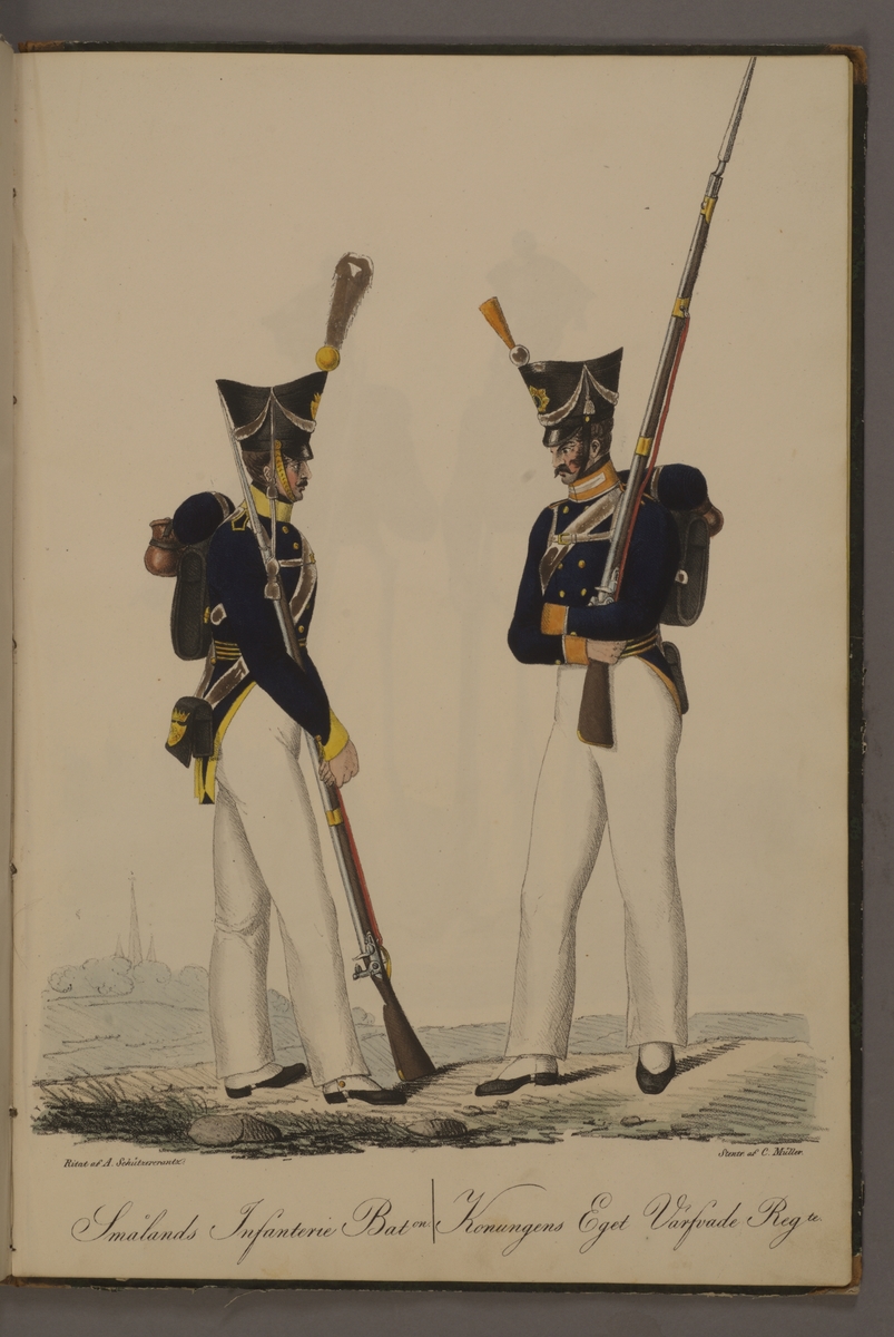 Kjell Hedberg, Plansch med uniform för Smålands infanteribataljon och Konungens eget värvade regemente. Handkolorerad litografi efter original av Adolf Ulrik Schützercrantz. Ingår i planschsamlingen Kongliga svenska arméens uniformer utgiven som stentryck av Müller 1825.
