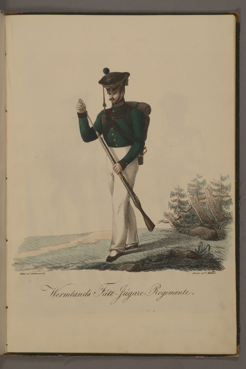 Kjell Hedberg, Plansch med uniform för Värmlands fältjägarregemente. Handkolorerad litografi efter original av Adolf Ulrik Schützercrantz. Ingår i planschsamlingen Kongliga svenska arméens uniformer utgiven som stentryck av Müller 1825.