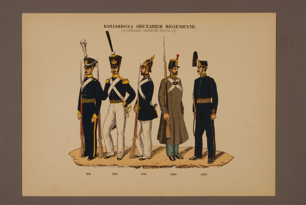Kjell Hedberg, Plansch i färgtryck med uniform för Karlskrona grenadjärregemente för åren 1812-1904. Ingår i planschsamlingen Svenska krigsmaktens fordna och nuvarande munderingar utgiven av P.B Eklund 1900-1905.