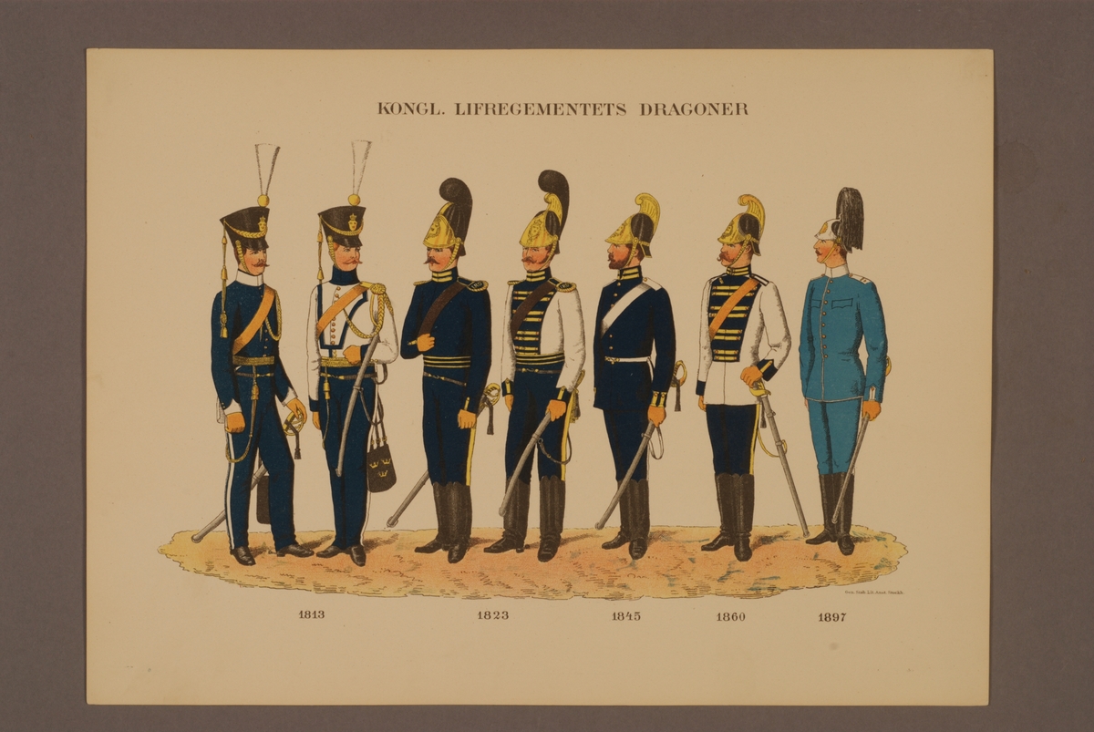 Kjell Hedberg, Plansch i färgtryck med uniform för Kungliga Livregementets dragoner för åren 1813-1897. Ingår i planschsamlingen Svenska krigsmaktens fordna och nuvarande munderingar utgiven av P.B Eklund 1900-1905.