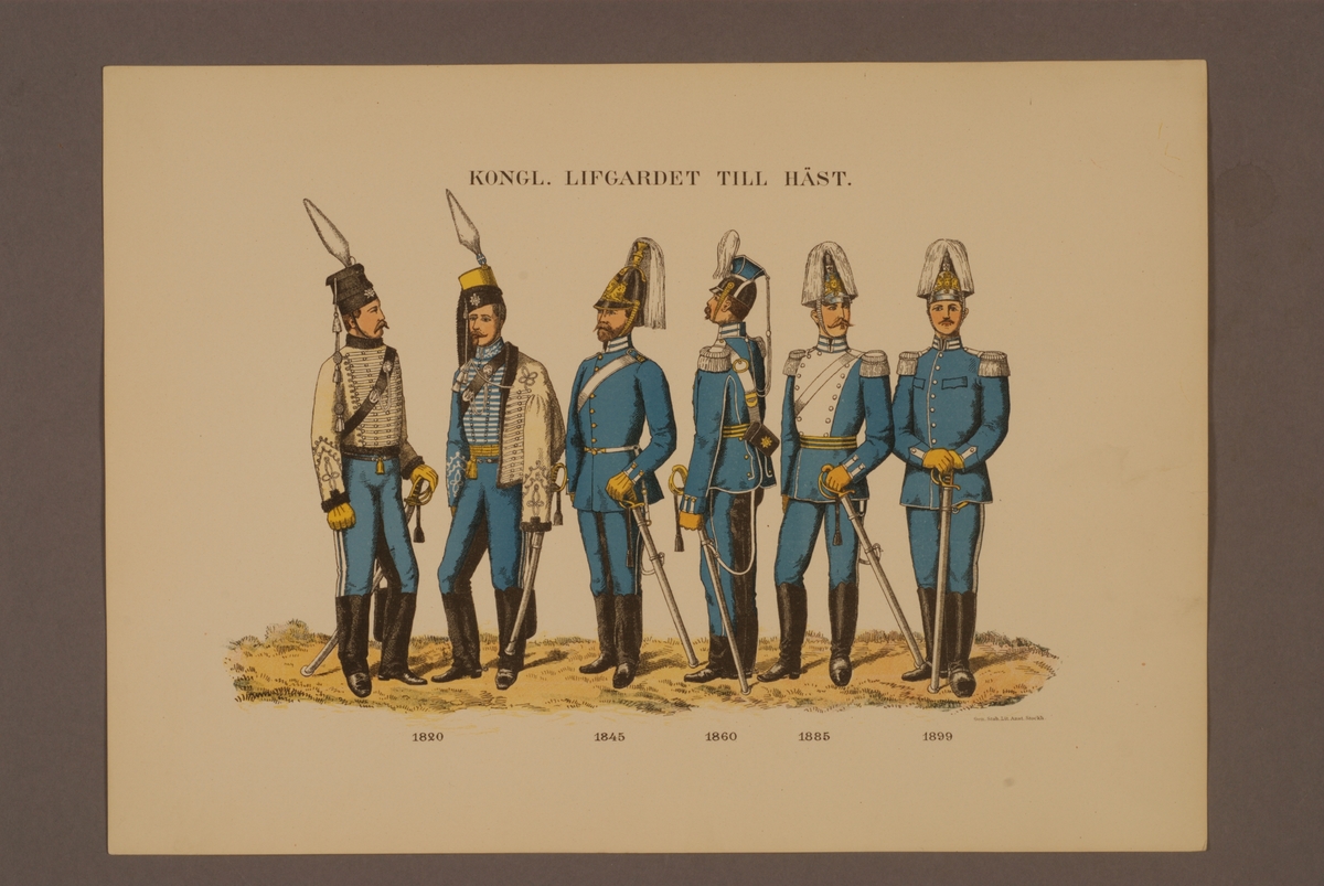 Kjell Hedberg, Plansch i färgtryck med uniform för Livgardet till häst för åren 1820-1899. Ingår i planschsamlingen Svenska krigsmaktens fordna och nuvarande munderingar utgiven av P.B Eklund 1900-1905.