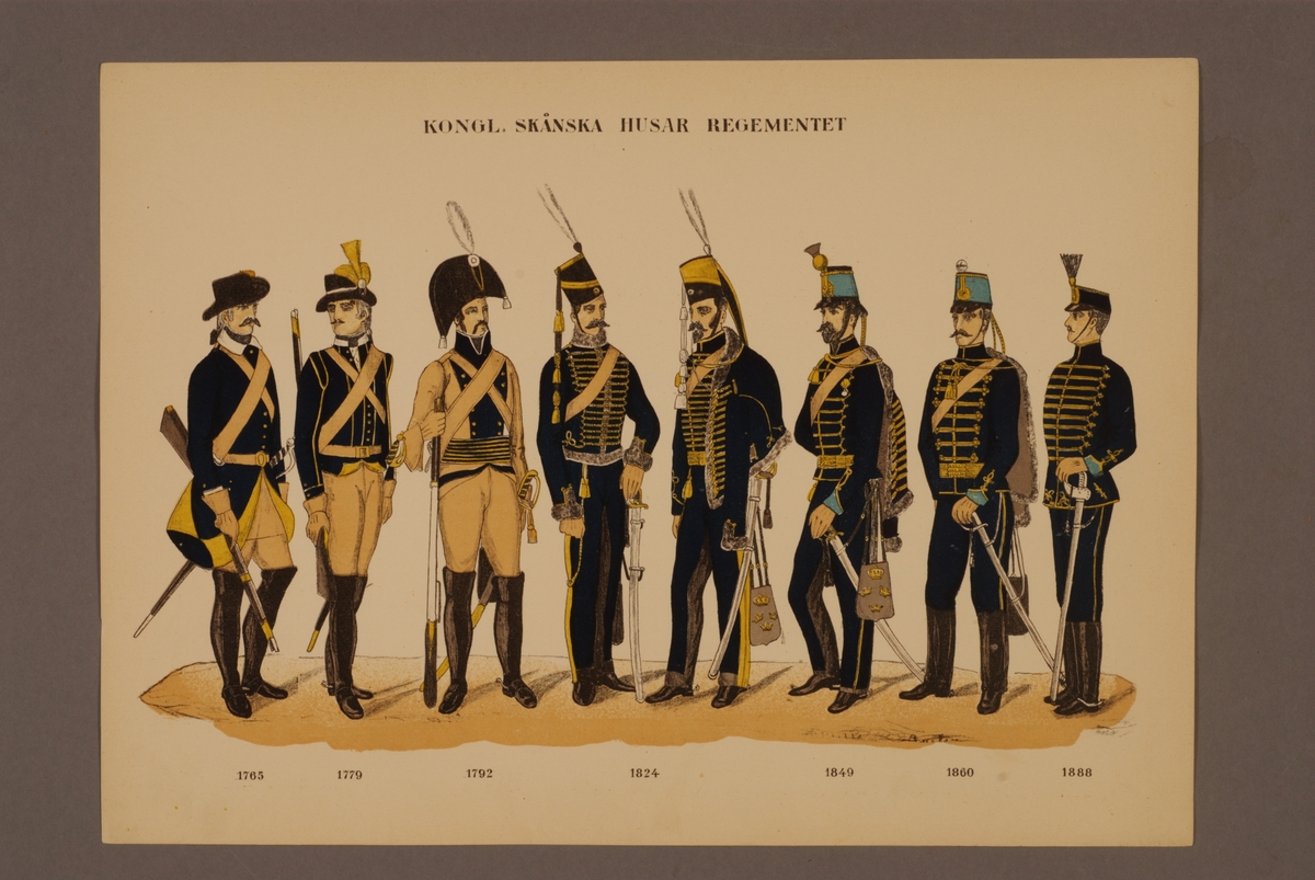 Kjell Hedberg, Plansch i färgtryck med uniform för Skånska husarregementet för åren 1765-1888. Ingår i planschsamlingen Svenska krigsmaktens fordna och nuvarande munderingar utgiven av P.B Eklund 1900-1905.