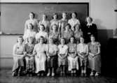 Vasaskolan, klassrumsinteriör, 18 flickor med lärarinna fröken Aina Ahnmark.
Klass 8b, sal 23.