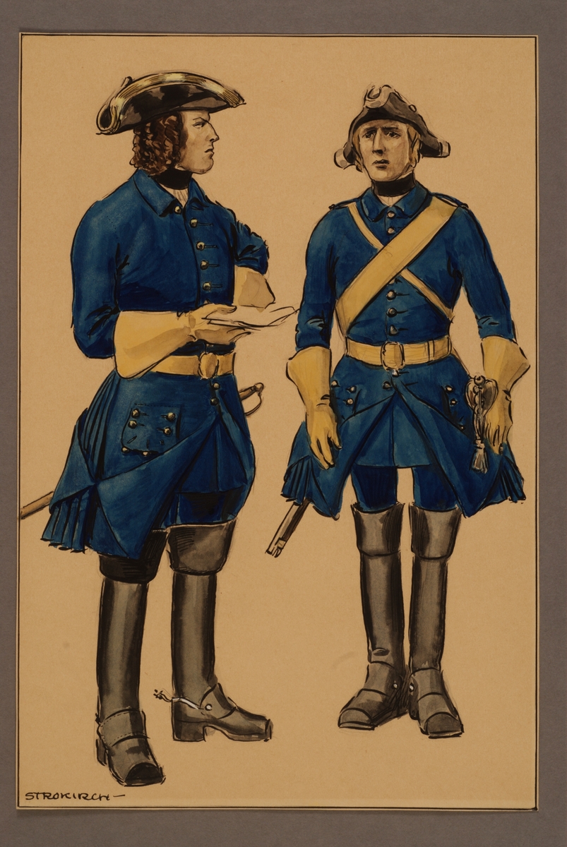 Kjell Hedberg, Plansch med uniform för officer och underofficer vid Västgöta kavalleriregemente tidigt 1700-tal, ritad av Einar von Strokirch.