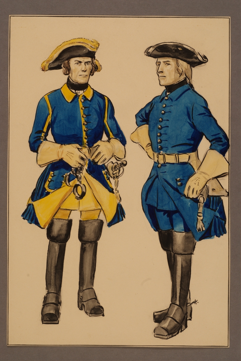 Kjell Hedberg, Plansch med uniform för profoss och sadelmakare vid Västgöta kavalleriregemente tidigt 1700-tal, ritad av Einar von Strokirch.