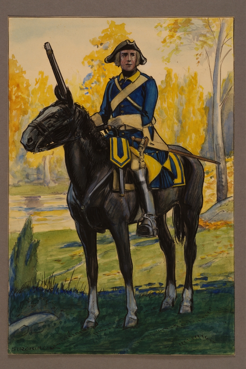 Kjell Hedberg, Plaque with a uniform for riders at the Western Gun Cavalry Regiment 1748, drawn by Einar von Strokirch.