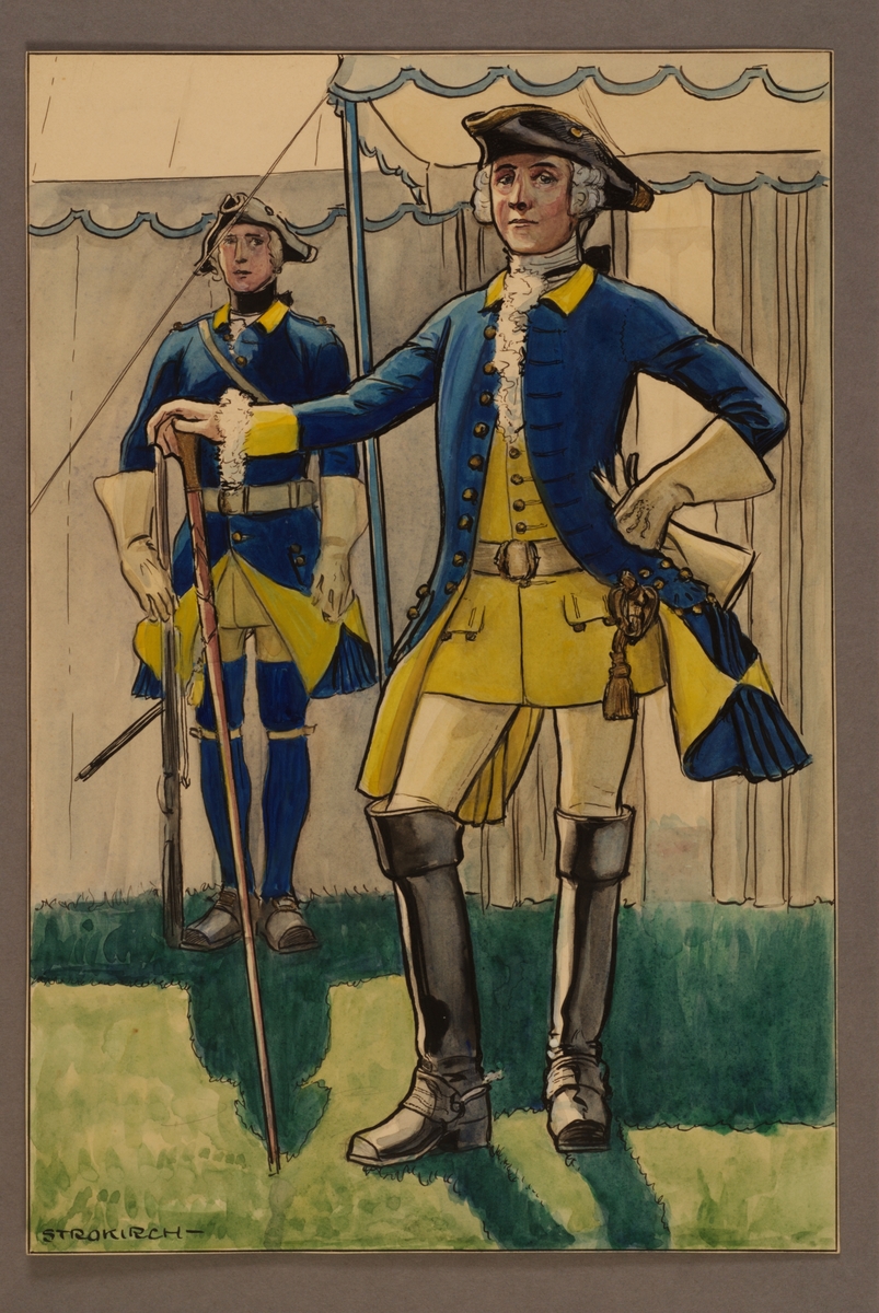 Kjell Hedberg, Plansch with a uniform for rider and officer at the Western Gun Cavalry Regiment 1748, drawn by Einar von Strokirch.