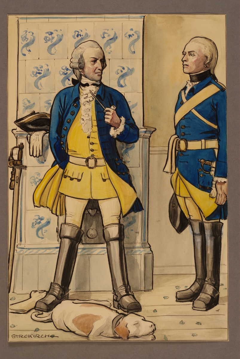Kjell Hedberg, Plansch med uniform för officer och ryttare vid Västgöta kavalleriregemente 1756, ritad av Einar von Strokirch.
