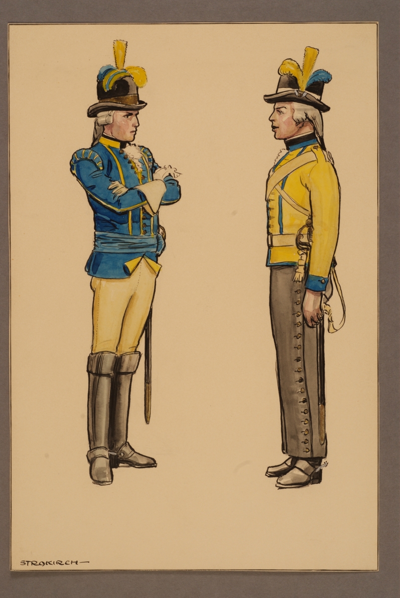 Kjell Hedberg, Plansch med uniform för officer och ryttare vid Västgöta kavalleriregemente. Båda i exerciskollet och ridbyxor m/1781. Ritad av Einar von Strokirch.
