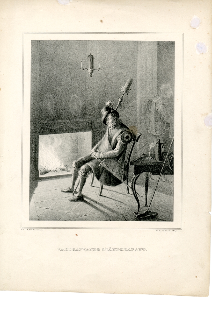 Kjell Hedberg, Plansch med texten "Vakthavande stånddrabant". Litografi i svartvitt efter original av Adolf Ulrik Schützercrantz. Ingår i planschsamlingen Scener ur soldatlivet.