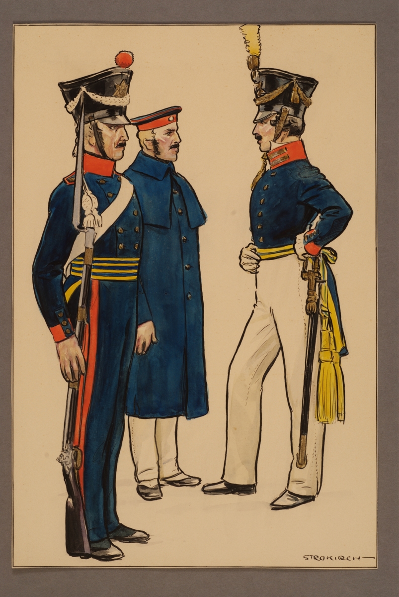 Kjell Hedberg, Plansch med uniform för soldat och officer vid Västgöta regemente 1821, ritad av Einar von Strokirch.