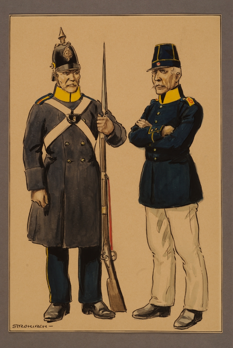 Kjell Hedberg, Plansch med uniform för meniga vid Västgöta regemente 1845, ritad av Einar von Strokirch.