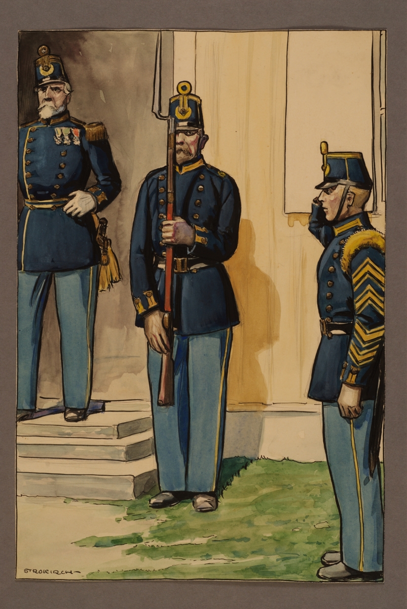 Kjell Hedberg, Plansch with a uniform for regimental officer and soldier at the West Göta regiment 1860, drawn by Einar von Strokirch.
