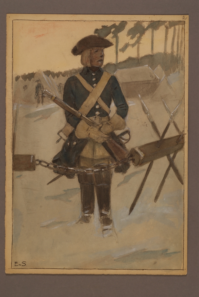 Kjell Hedberg, Plansch with a uniform for cavalry, drawn by Einar von Strokirch.