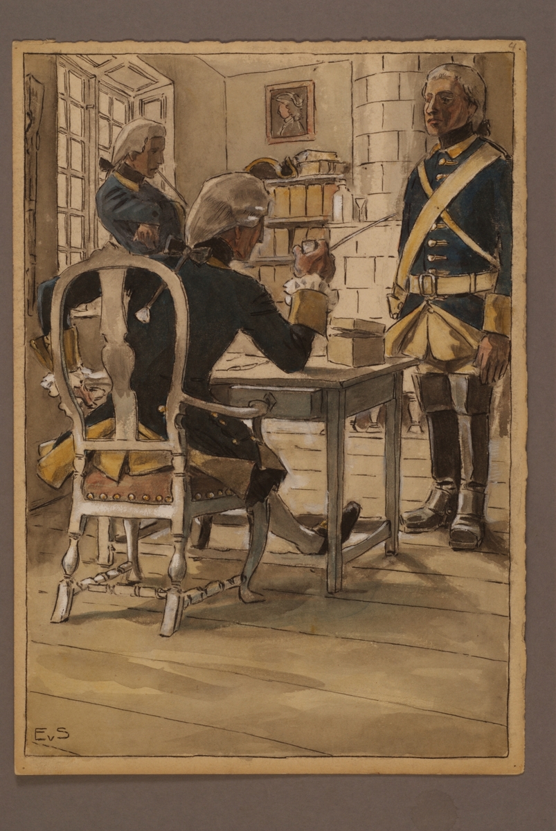 Kjell Hedberg, Plansch with a uniform for cavalry, drawn by Einar von Strokirch.