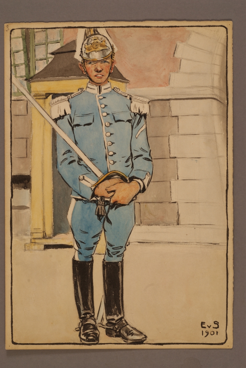 Kjell Hedberg, Plansch with a uniform for Livgardet to horse, drawn by Einar von Strokirch.