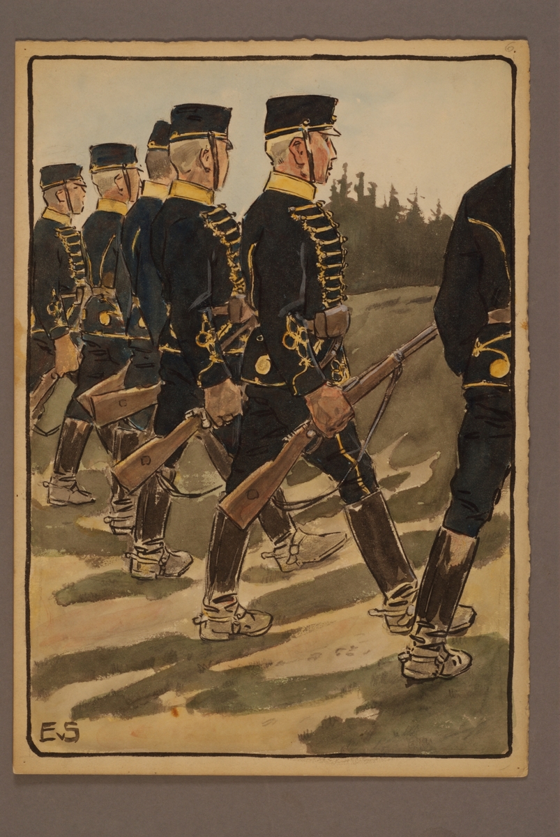 Kjell Hedberg, Plansch with a uniform for Småland’s Husars, drawn by Einar von Strokirch.