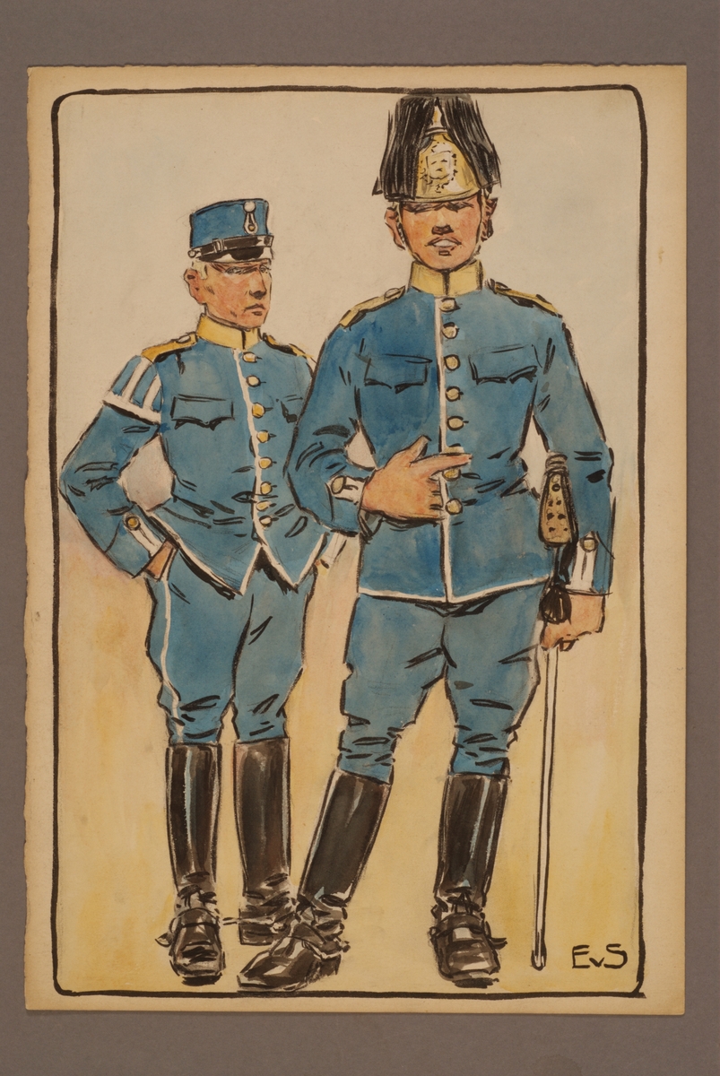 Kjell Hedberg, Plansch with a uniform for Skånska dragons, drawn by Einar von Strokirch.