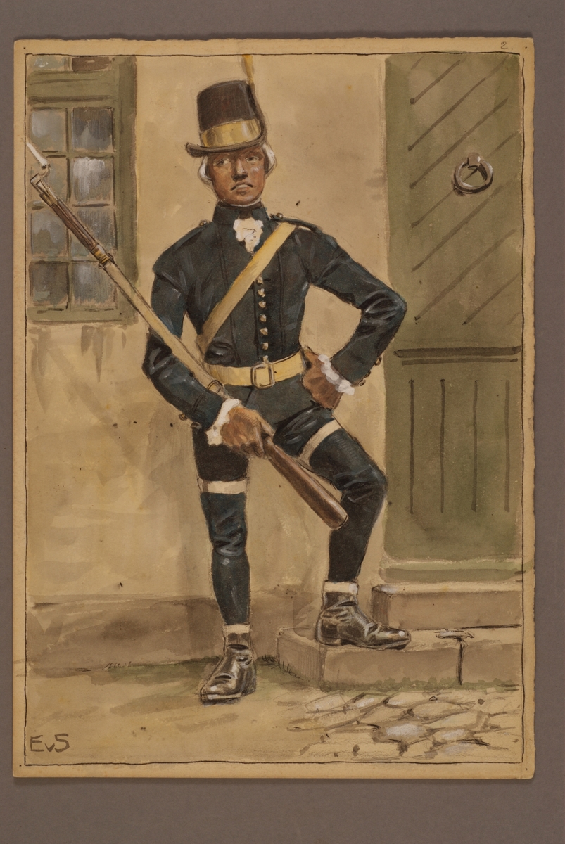 Kjell Hedberg, Plansch with a uniform for artillery, drawn by Einar von Strokirch.