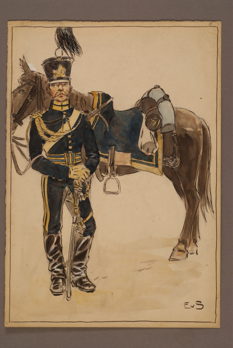 Kjell Hedberg, Plansch with a uniform for Svea artillery regiment, drawn by Einar von Strokirch.