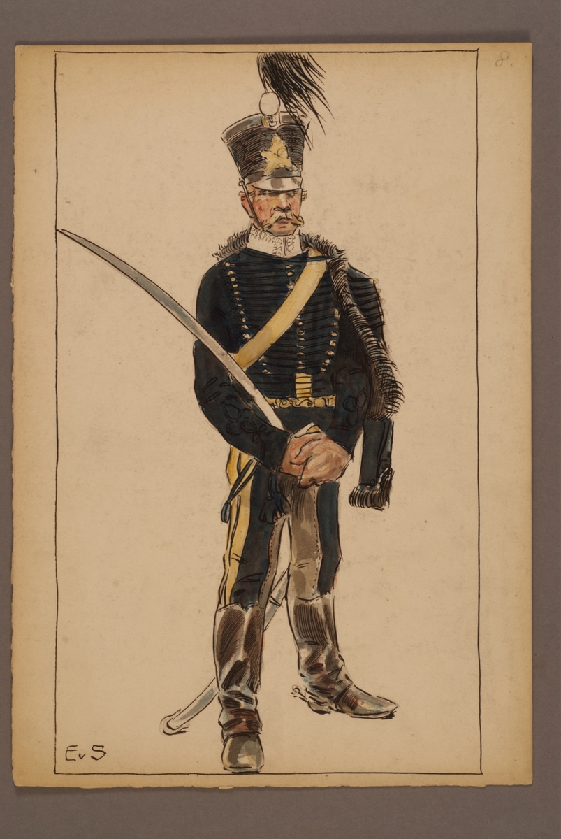 Kjell Hedberg, Plansch with a uniform for Wende’s artillery regiment, drawn by Einar von Strokirch.