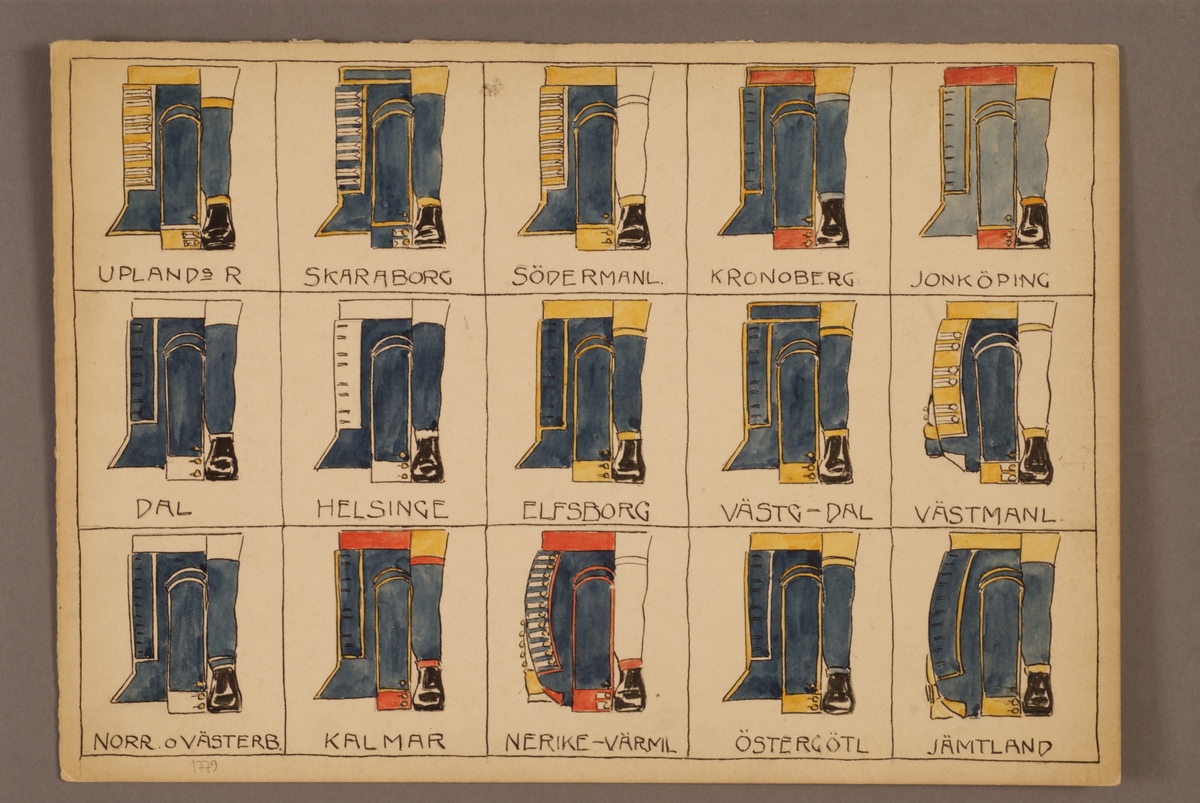Kjell Hedberg, Plansch with a schedule of uniforms for the infantry, drawn by Einar von Strokirch.
