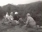 Fem damer fotograferade på en utflykt till Skålaberg (namn efter två skålbildningar på toppen) i Tvååker, ca 1930. Damerna är möjligen Karin Karlsson (till vänster) och Augusta Karlsson (till höger). Kvinnan i ljus klänning är möjligen Annie Elofsson och i ljus hatt Svea Liljegren.